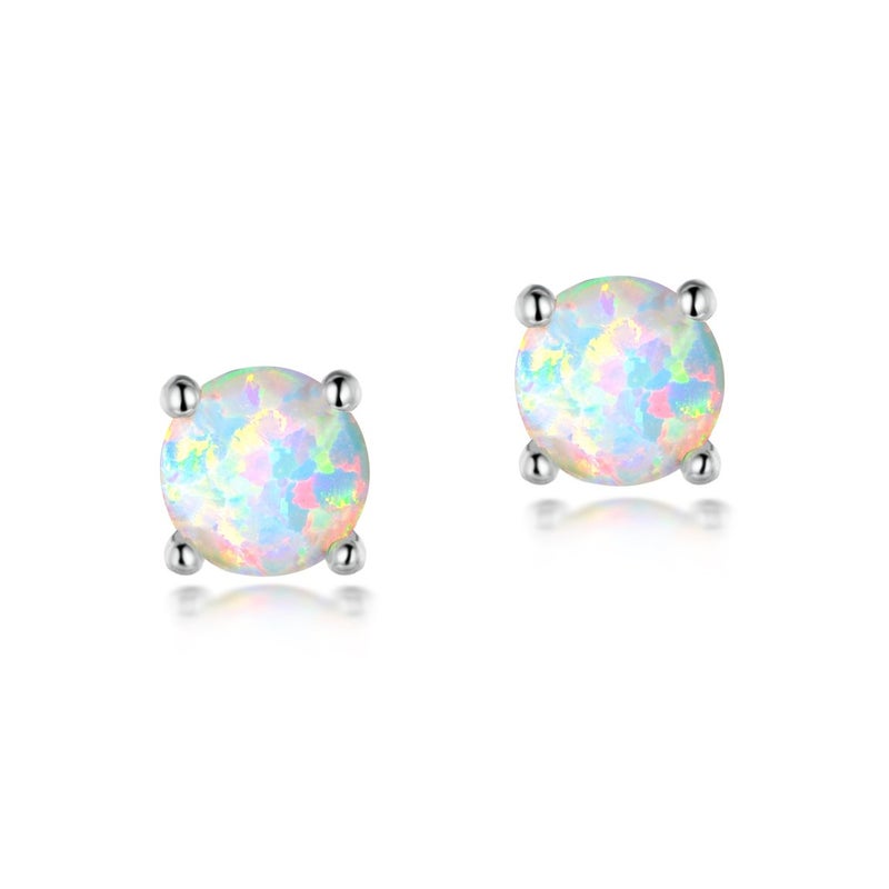 VOLUKA White Fire Opal Earrings for Women 18K White Gold Plated 4mm Opal Birthstone Gemstone Stud Earrings for women Hypoallergenic Jewelry Gifts - Image 1